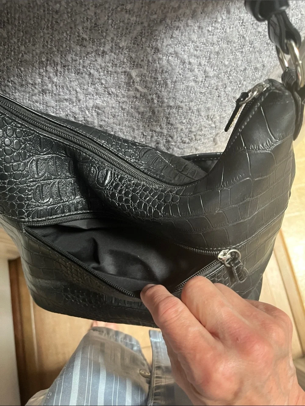 Giana Bernini vintage leather Crocodile Embossed Hobo Bag in black.
